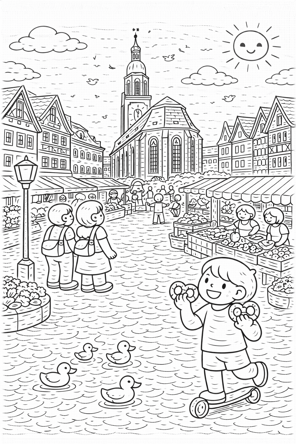 Deutschland: Markt in Heidelberg mit Kindern und Brezeln - Ausmalbild
