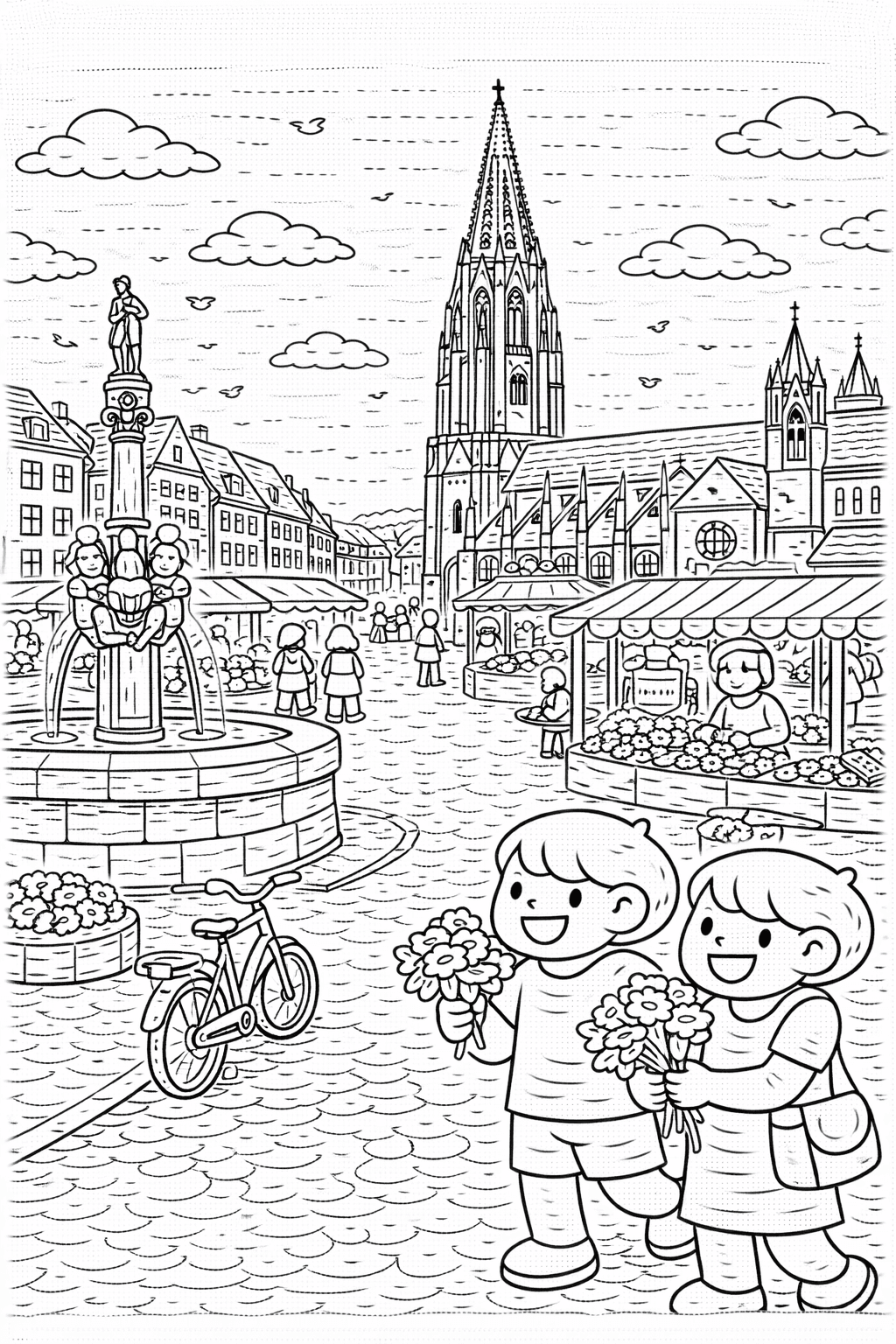 Deutschland: Marktplatz in Freiburg mit Münsterkathedrale - Ausmalbild