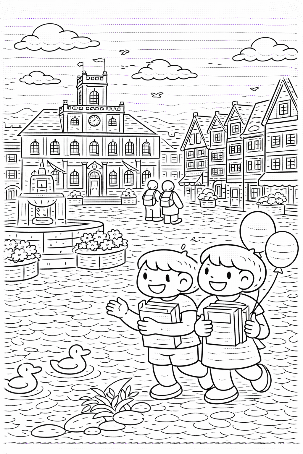 Deutschland: Marktplatz in Weimar mit Kindern - Ausmalbild