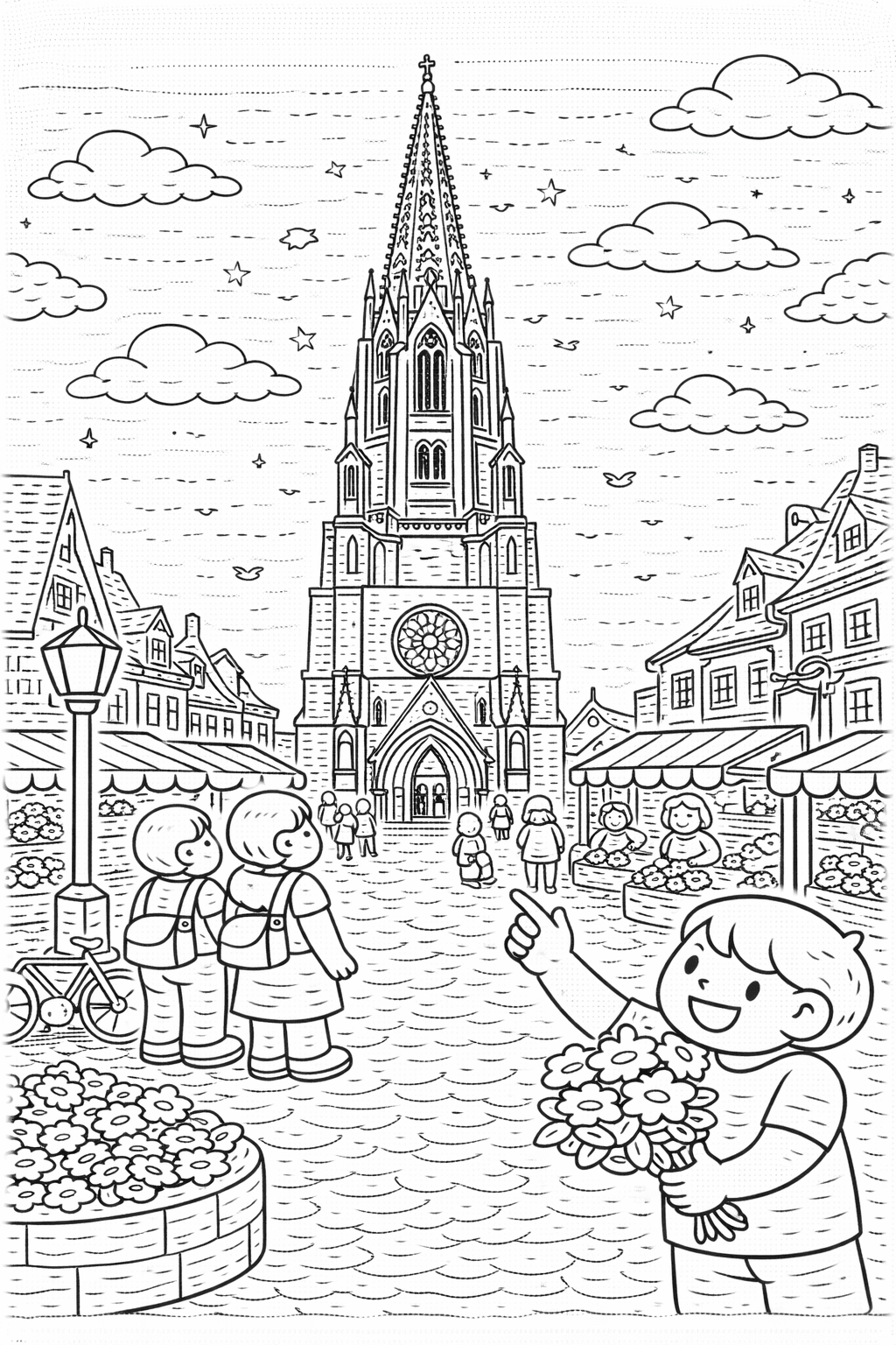 Deutschland: Marktplatz mit dem Freiburger Münster - Ausmalbild