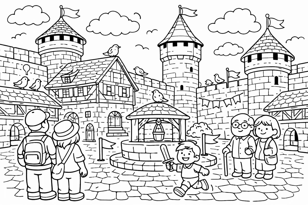 Deutschland: Mittelalterlicher Hof der Kaiserburg Nürnberg - Ausmalbild