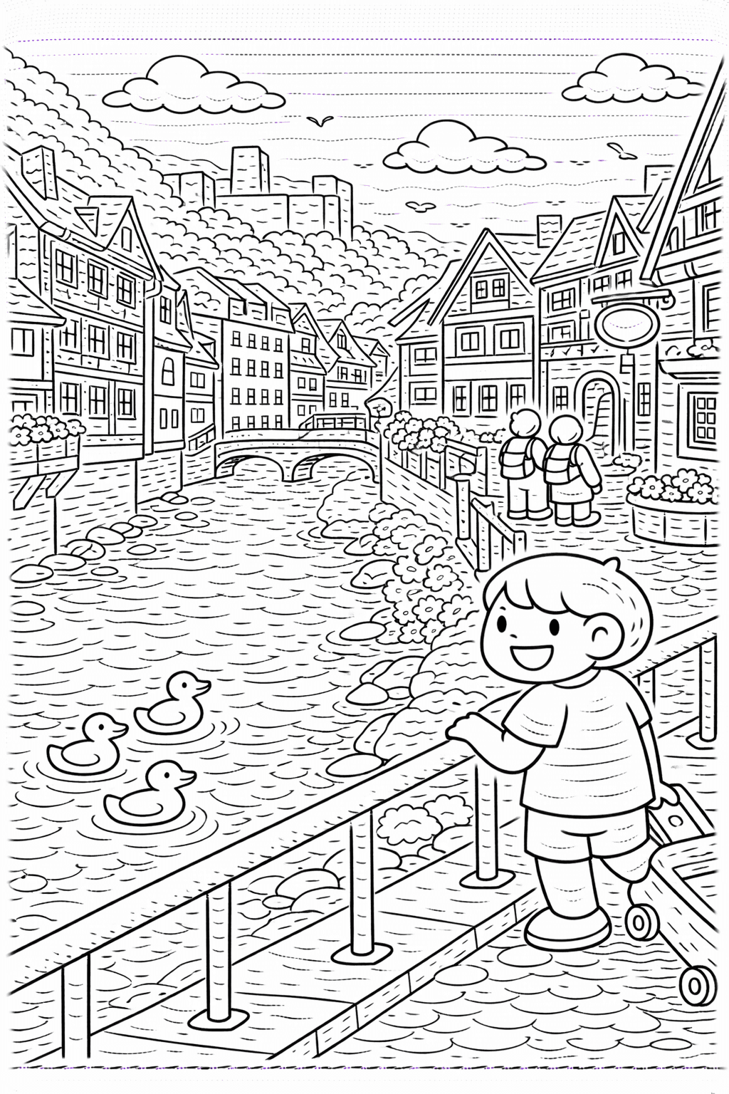 Deutschland: Monschau am Flussufer mit Enten - Ausmalbild