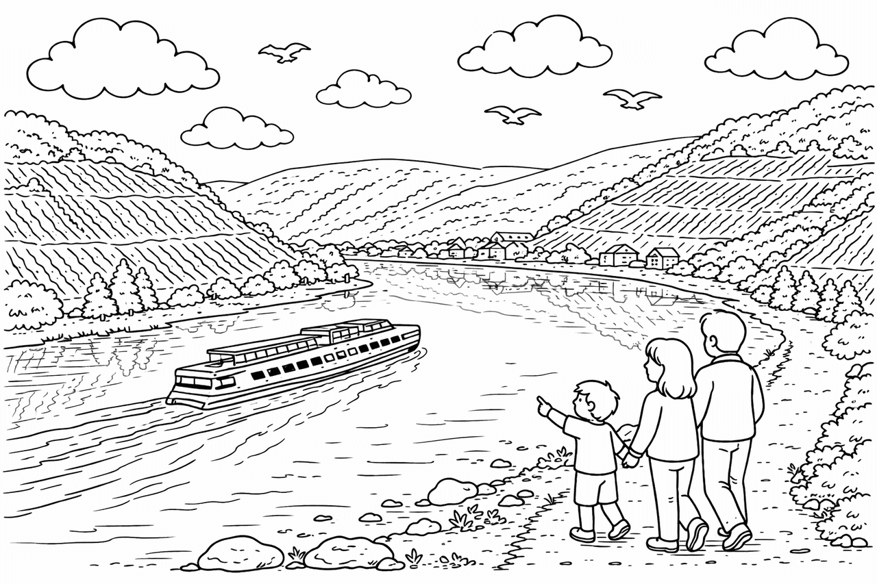 Deutschland: Moselufer mit Familie und Boot - Ausmalbild