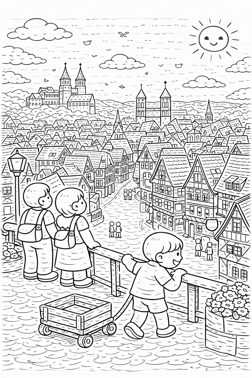 Deutschland: Quedlinburg im Blick vom Hügel - Ausmalbild