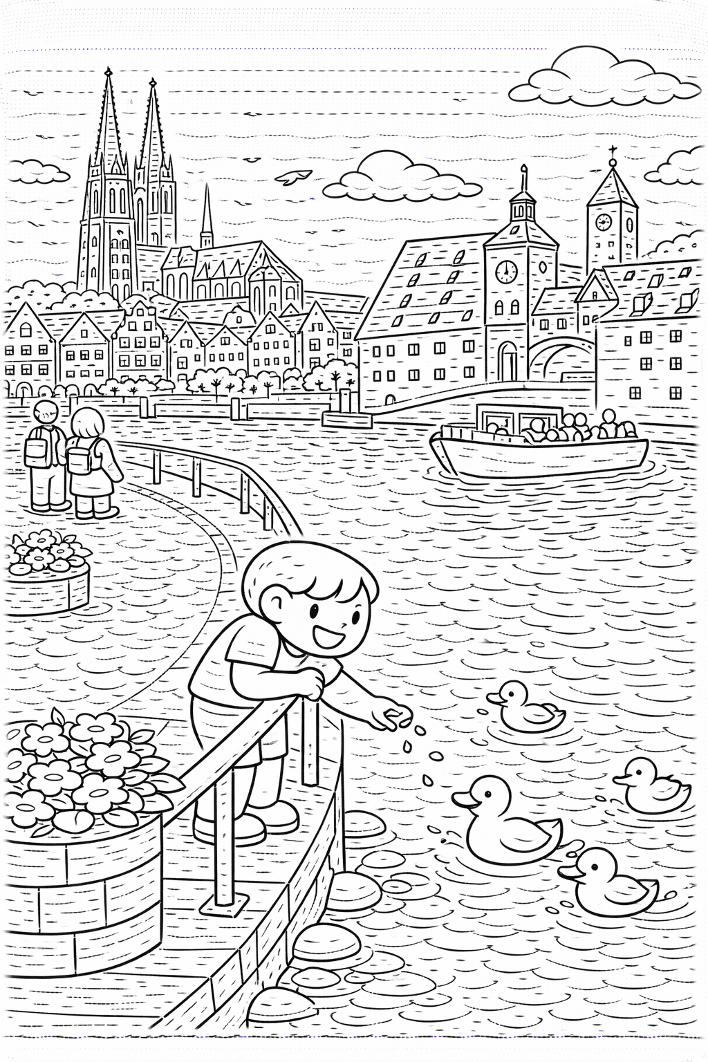 Deutschland: Regensburger Altstadt am Fluss - Ausmalbild