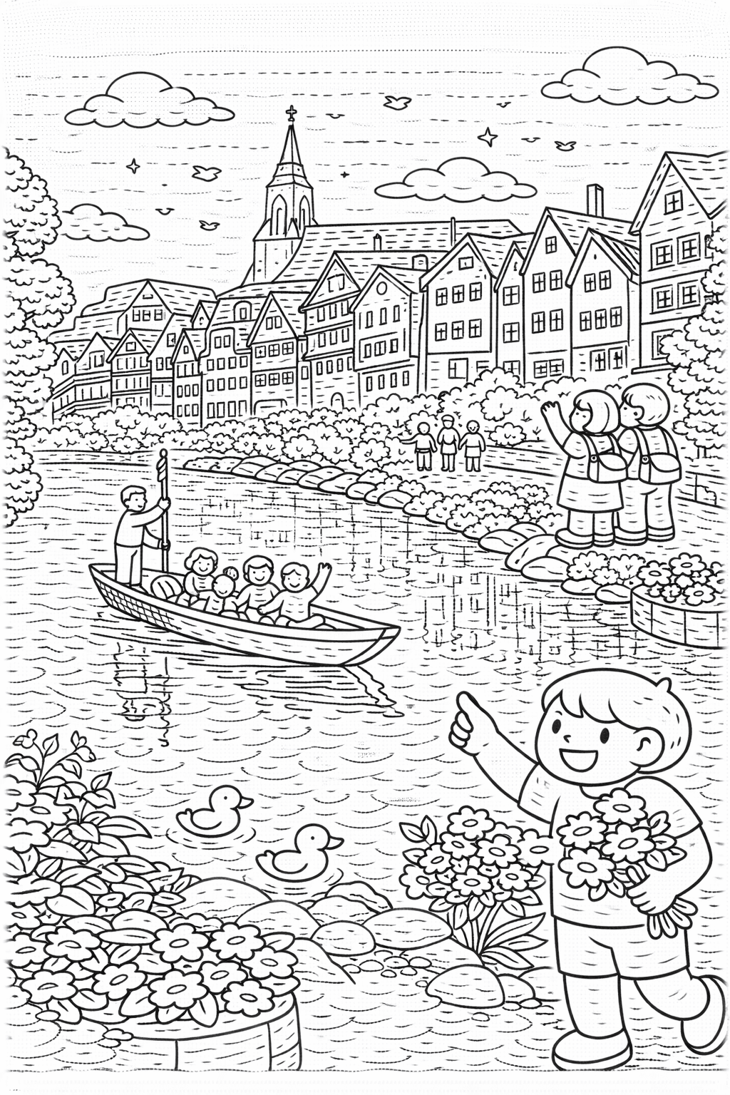 Deutschland: Riverszene in Tübingen mit Stocherkahn - Ausmalbild