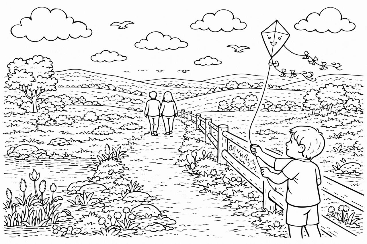 Deutschland: Ruhiger Spaziergang in der Rhön - Ausmalbild