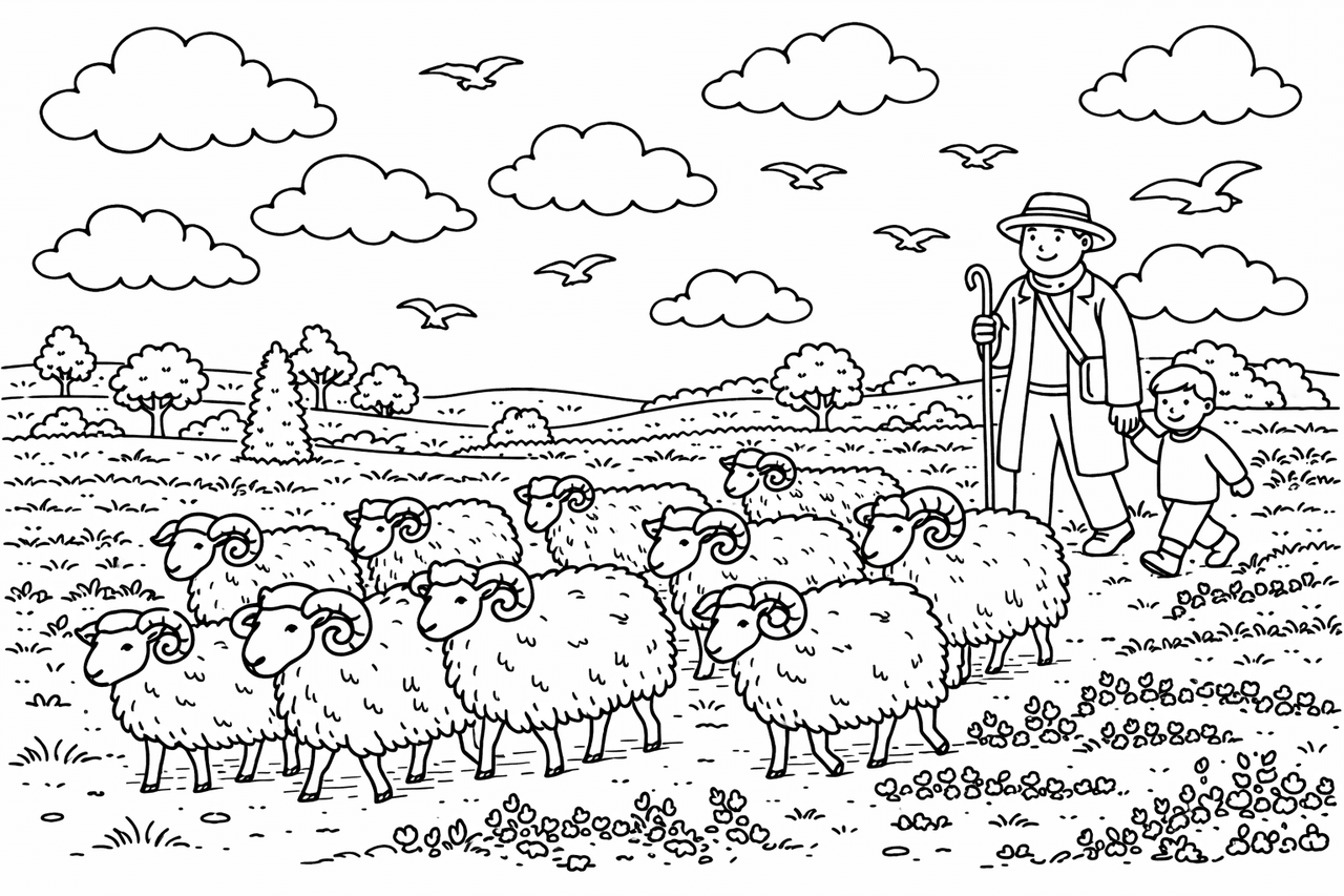 Deutschland: Schafherde in der Lüneburger Heide - Ausmalbild