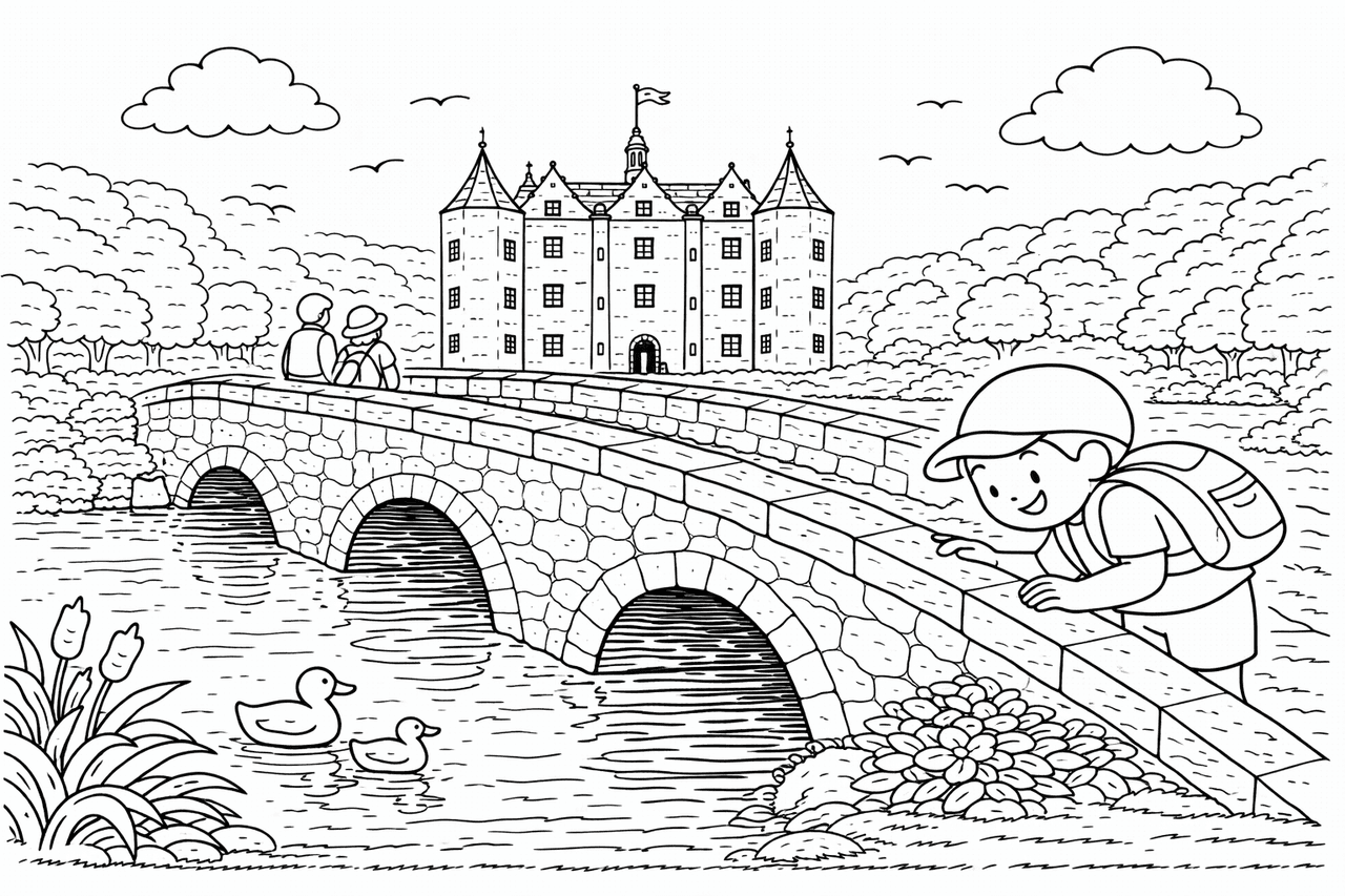 Deutschland: Schloss Ahrensburg und Brücke im Frühling - Ausmalbild