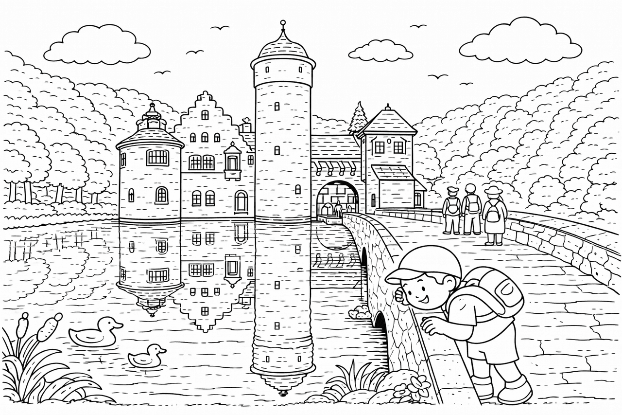 Deutschland: Schloss Mespelbrunn mit Brücke und Besuchern - Ausmalbild