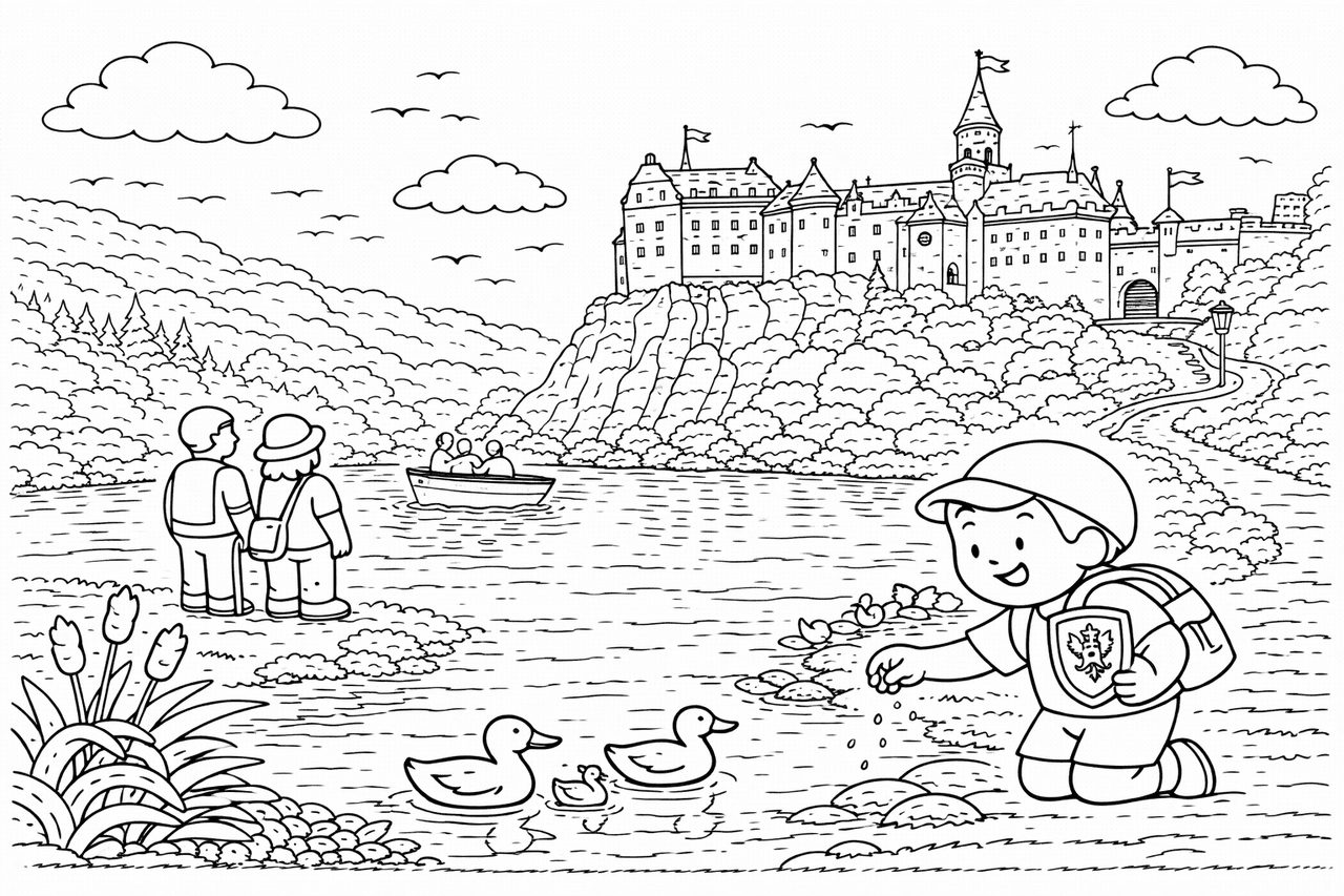 Deutschland: Schloss Sigmaringen und Entenfütterung - Ausmalbild