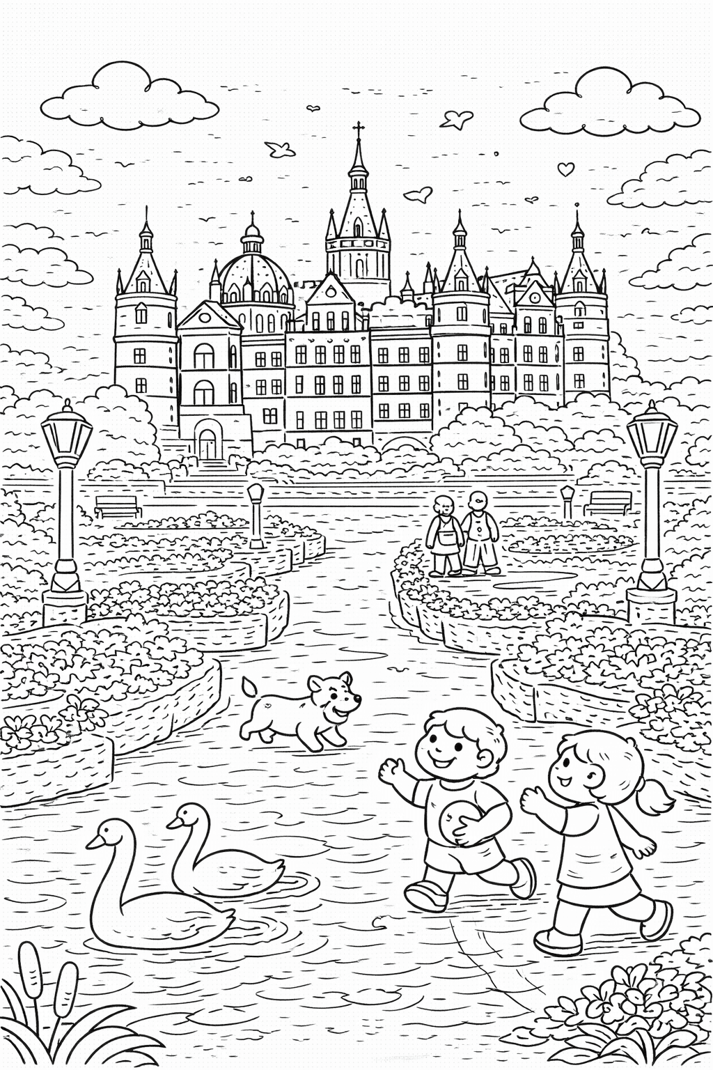 Deutschland: Schweriner Schloss mit Spielenden Kindern - Ausmalbild