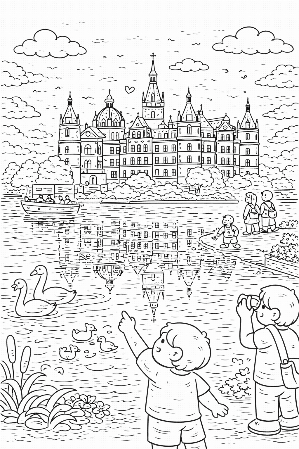 Deutschland: Schweriner Schloss und idyllischer See - Ausmalbild