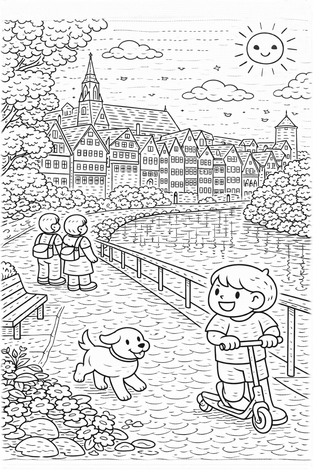 Deutschland: Sonniger Tag am Neckar in Tübingen - Ausmalbild