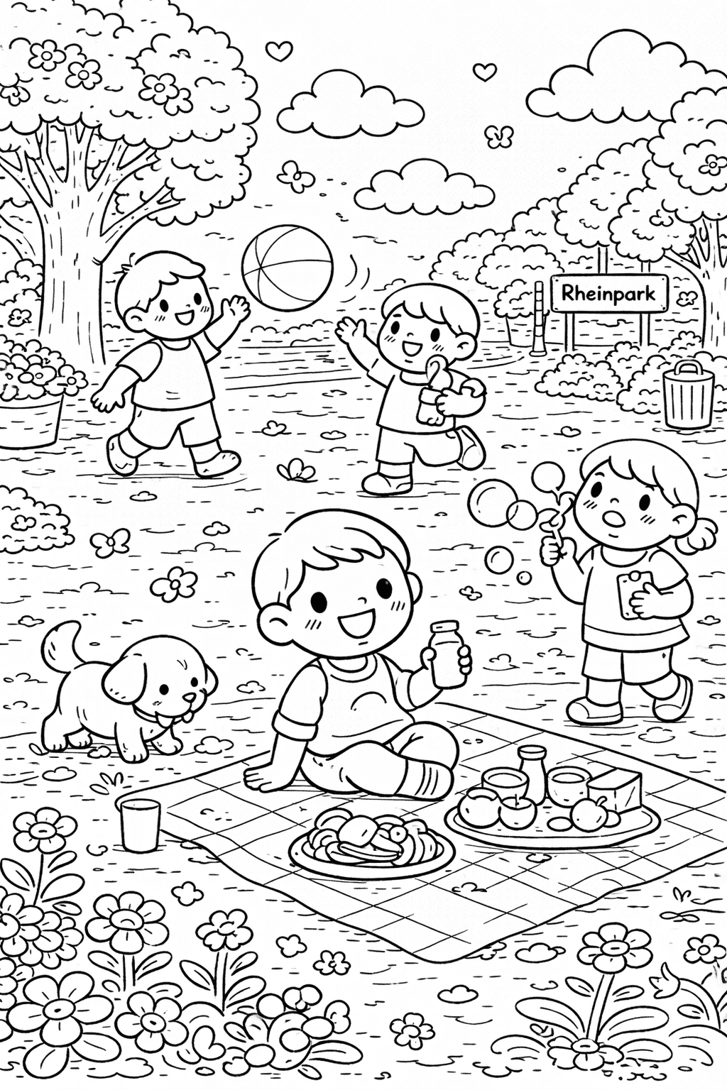 Deutschland: Spaß im Rheinpark mit Freunden - Ausmalbild