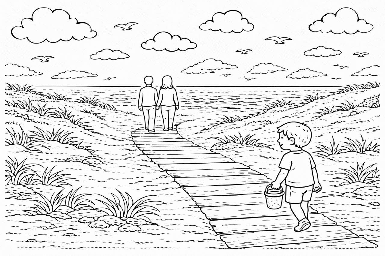 Deutschland: Spaziergang zum Strand bei Sonnenlicht - Ausmalbild