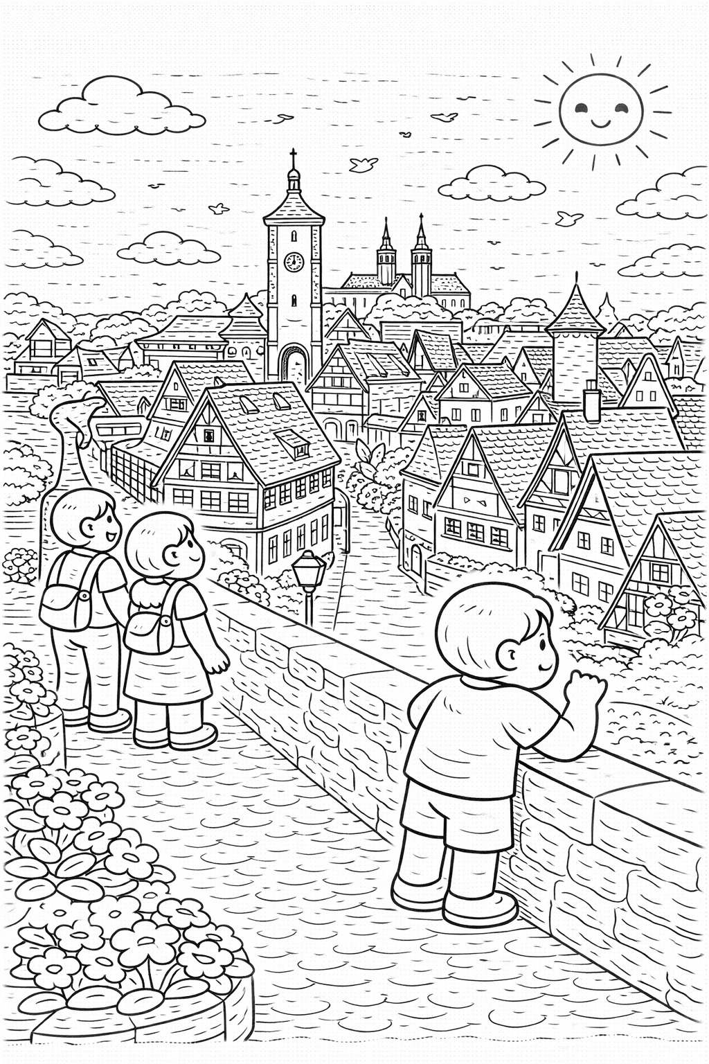 Deutschland: Stadtblick von der Rothenburger Mauer - Ausmalbild