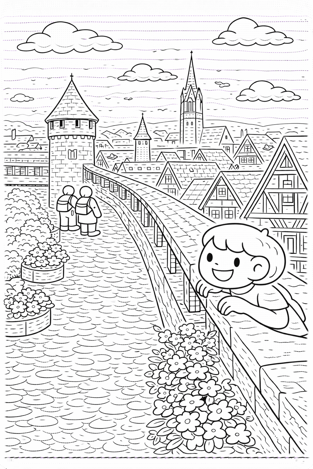 Deutschland: Stadtmauer von Dinkelsbühl im Blick - Ausmalbild