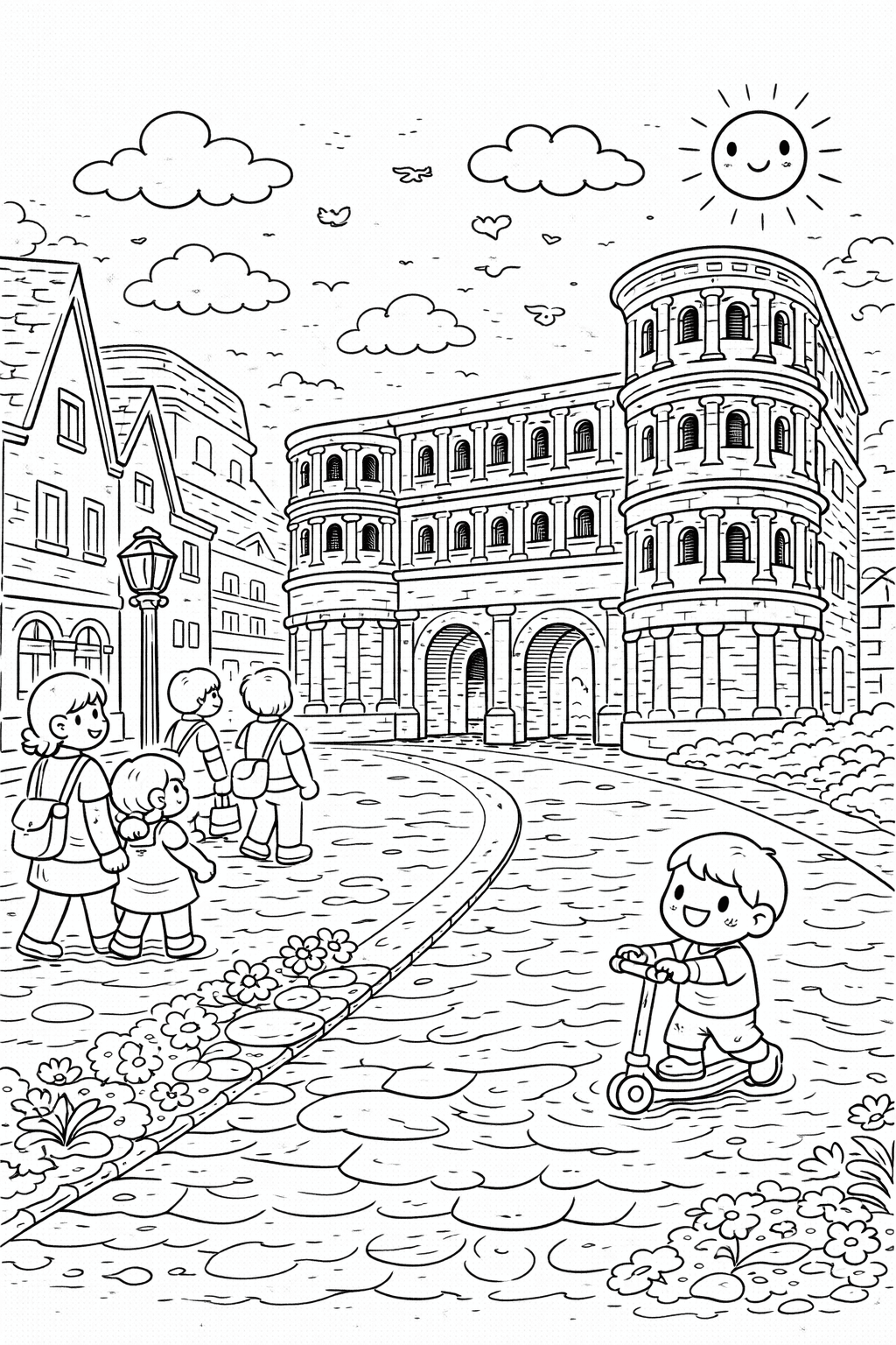 Deutschland: Straße vor der Porta Nigra - Ausmalbild