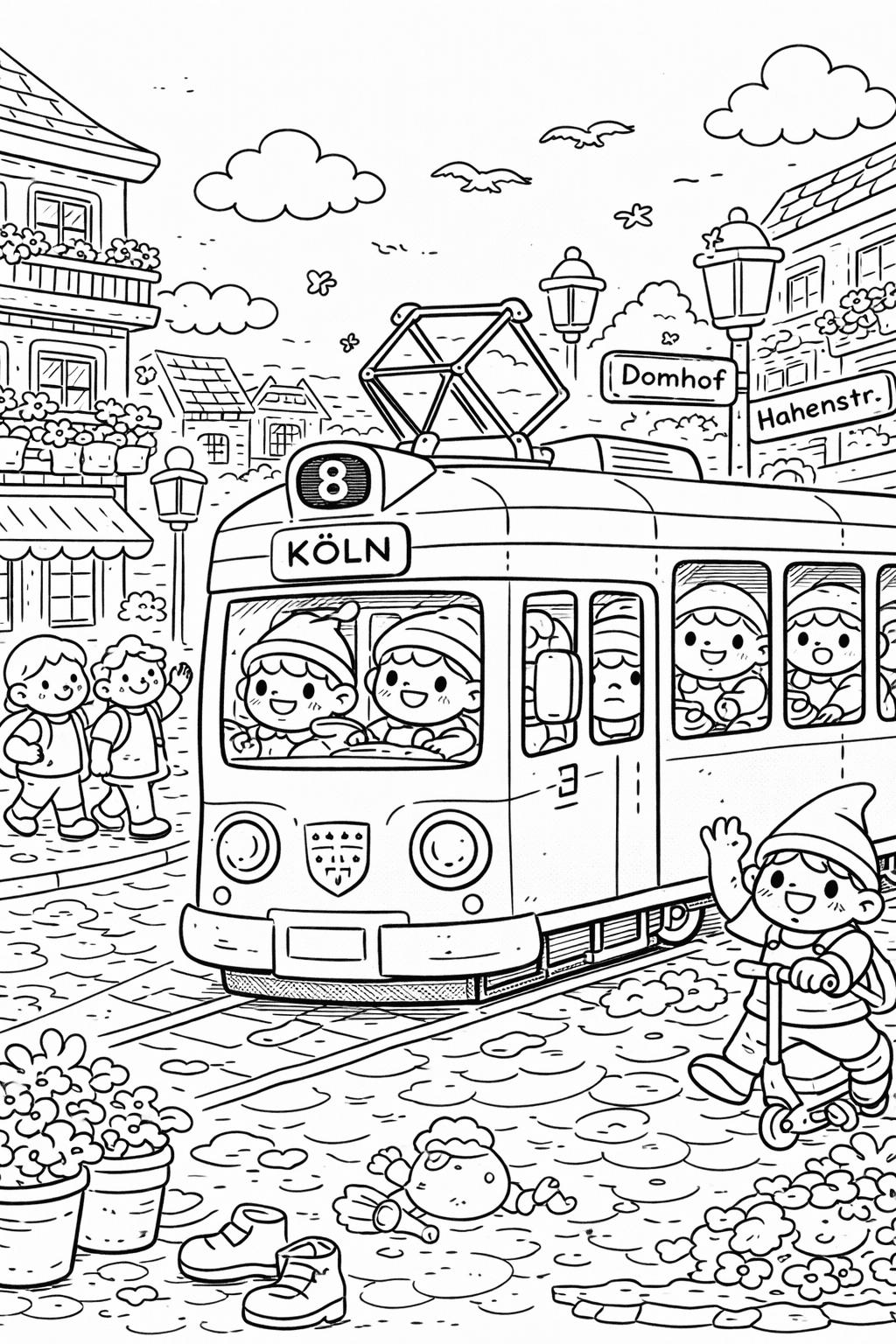 Deutschland: Straßenszene in Köln mit Straßenbahn - Ausmalbild