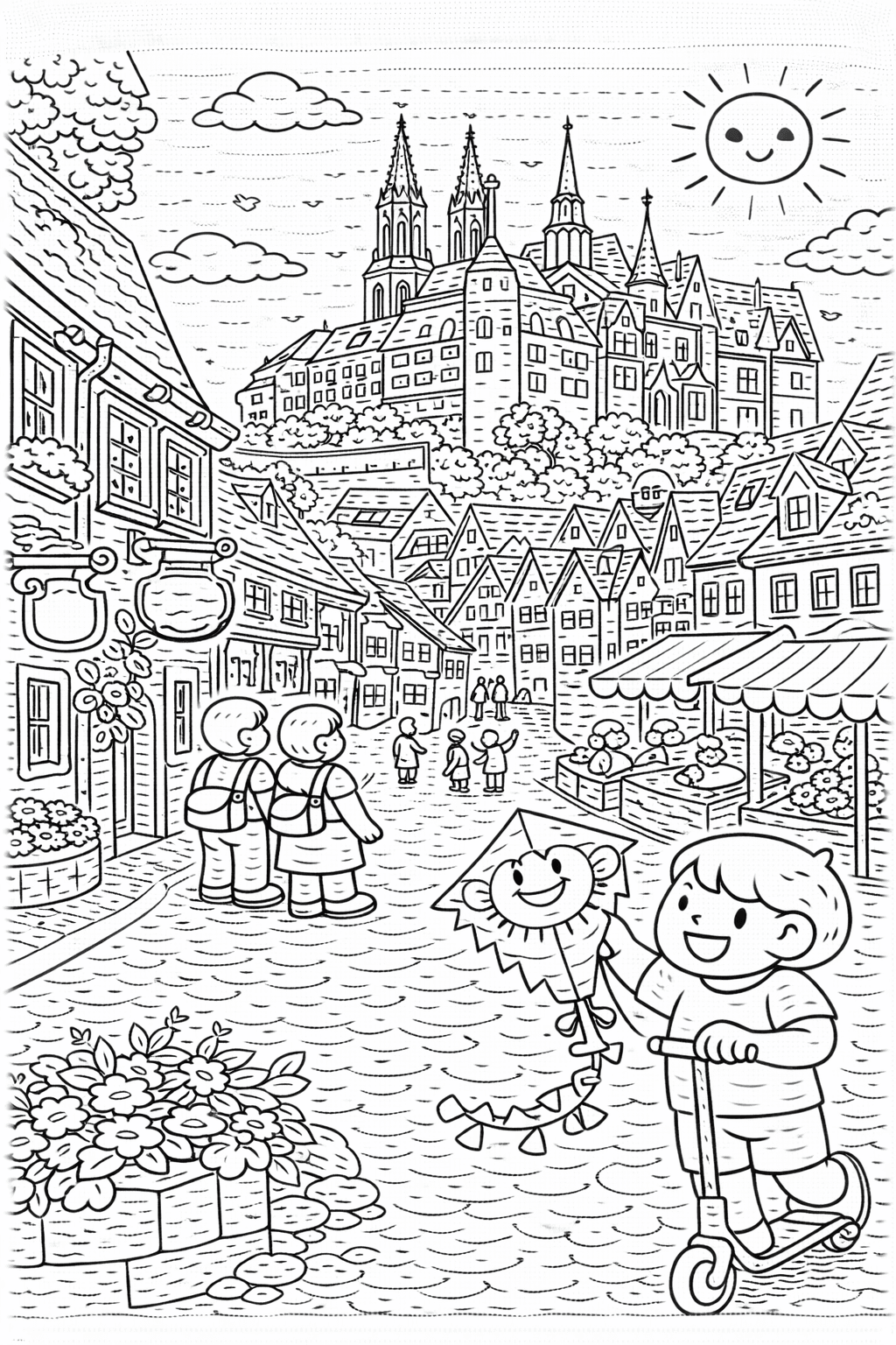 Deutschland: Straßenszene in Meißen mit Drachenkite - Ausmalbild