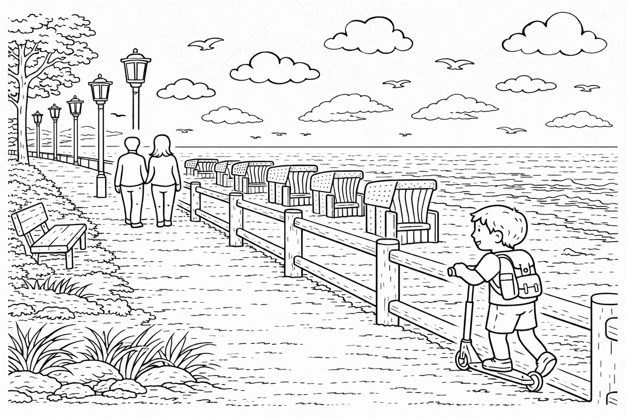 Deutschland: Strandpromenade auf Norderney mit Stühlen - Ausmalbild