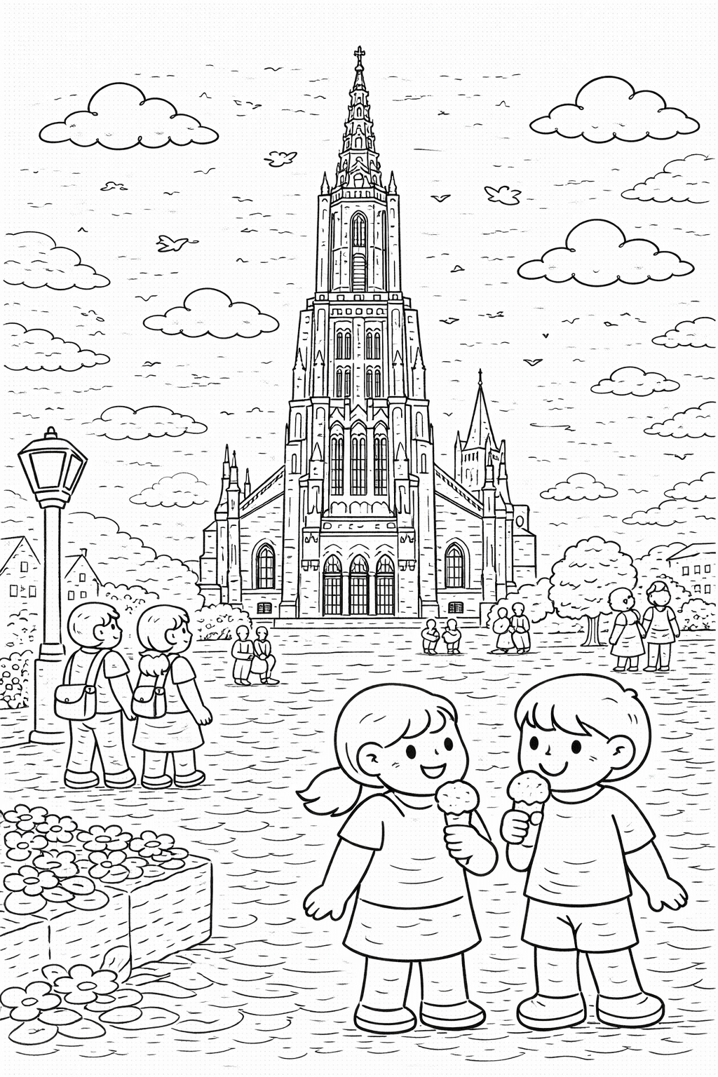 Deutschland: Ulm Minster und fröhliche Kinder - Ausmalbild