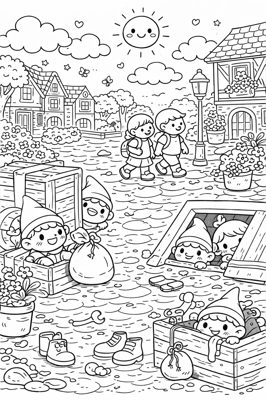 Deutschland: Versteckte Gnome in der Stadt - Ausmalbild