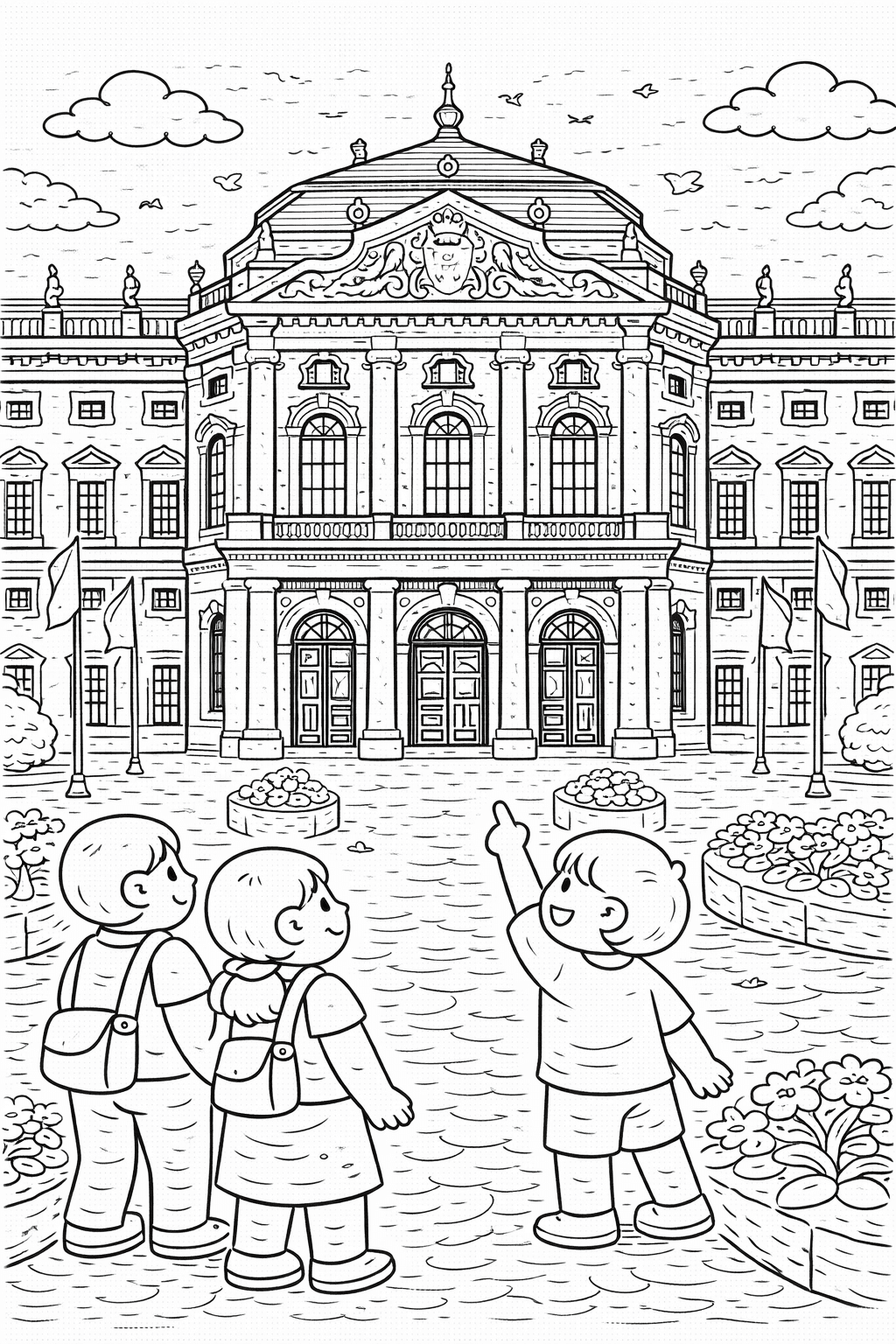 Deutschland: Würzburger Residenz im Kinderbuchstil - Ausmalbild