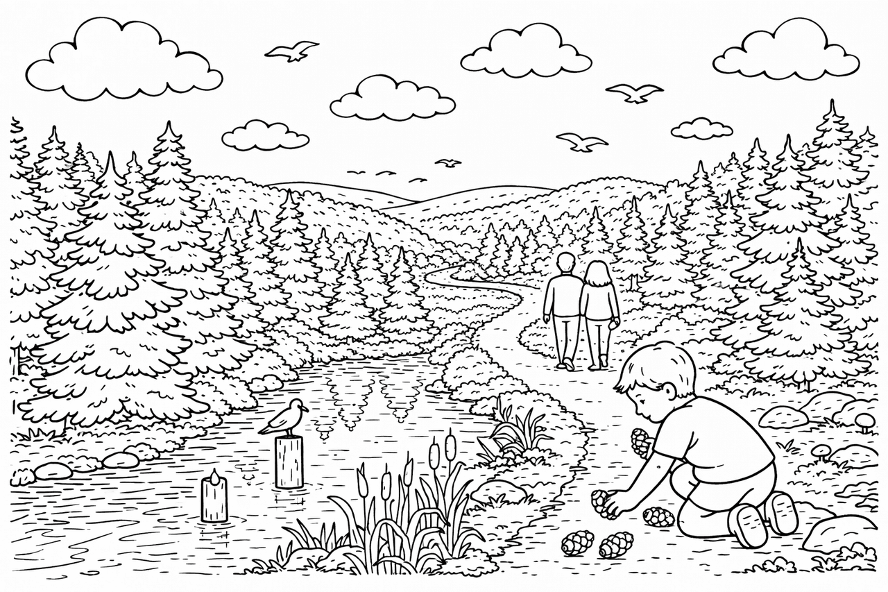 Deutschland: Waldspaziergang im Bayerischen Wald - Ausmalbild