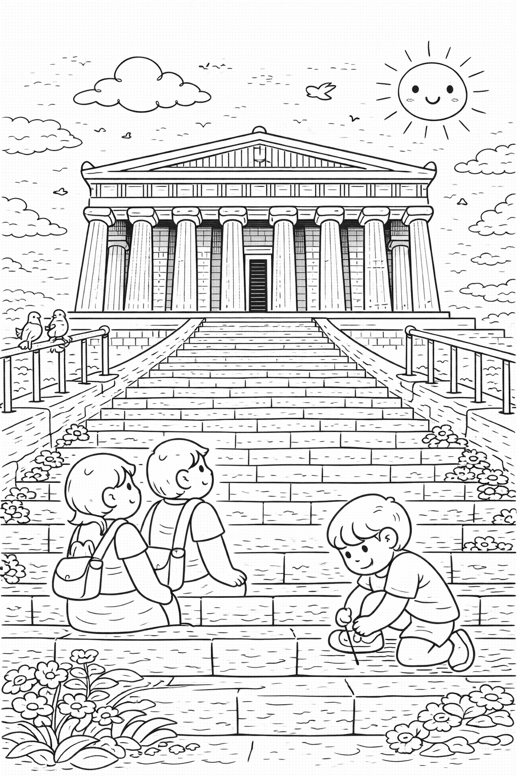 Deutschland: Walhalla und Schritte im Sonnenlicht - Ausmalbild