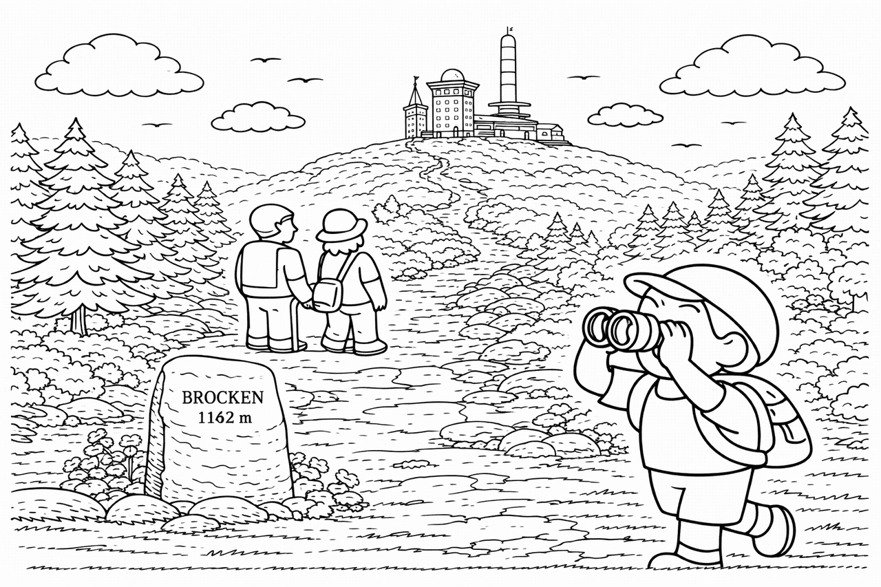 Deutschland: Wanderer auf dem Brockenpfad - Ausmalbild