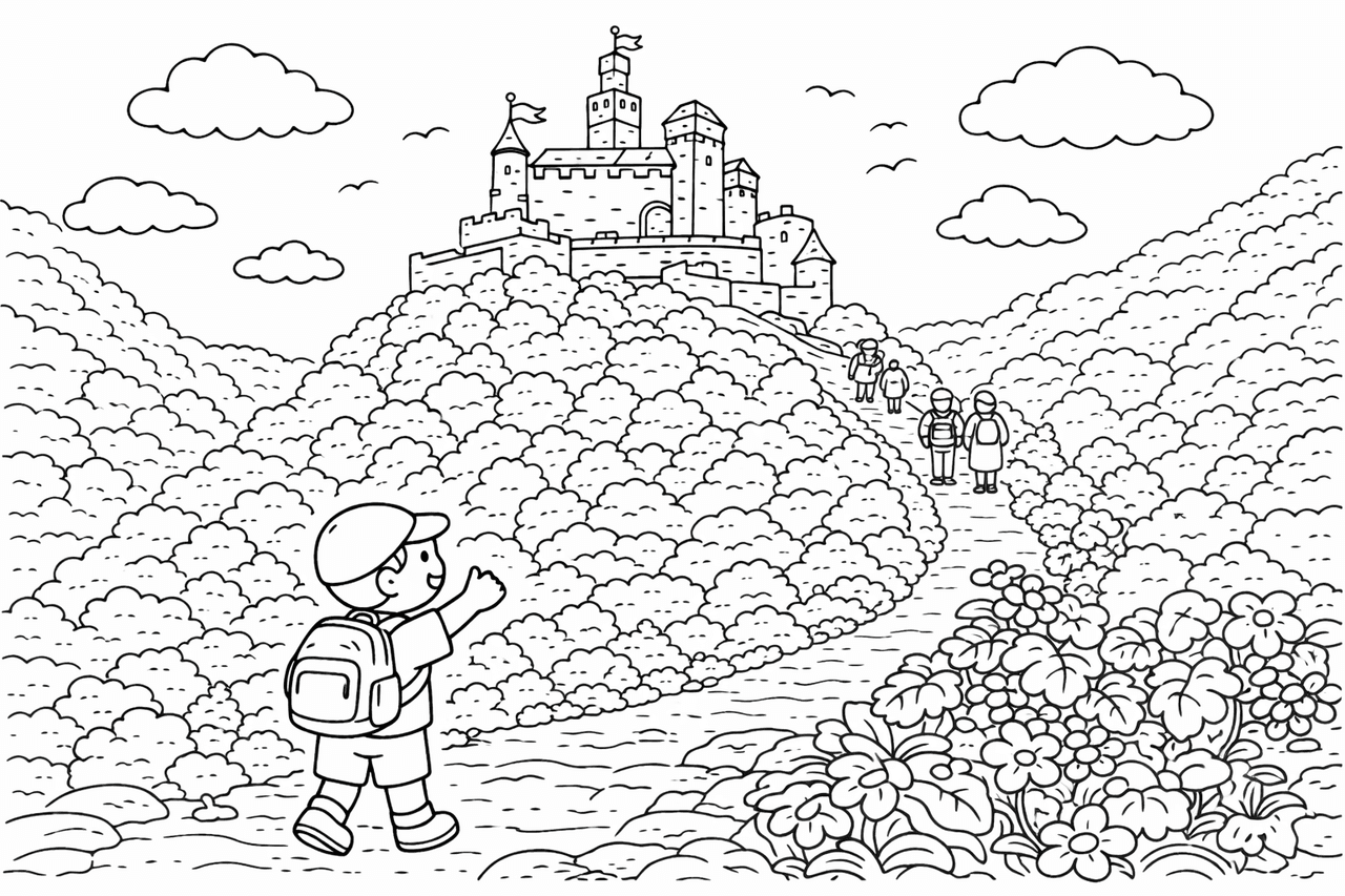 Deutschland: Wanderung zum Marksburg Schloss - Ausmalbild