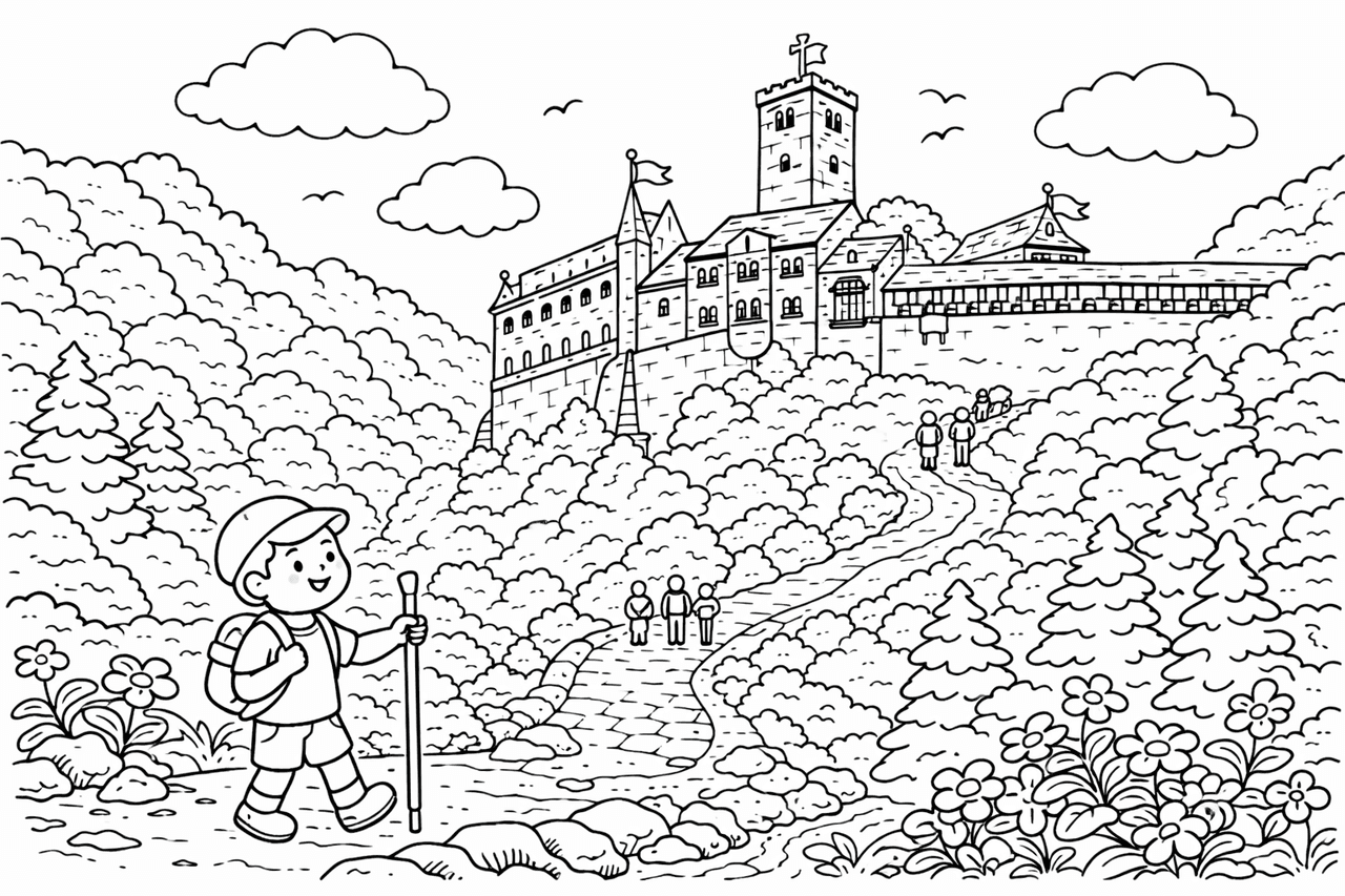 Deutschland: Wartburg Castle und Wanderer im Grünen - Ausmalbild