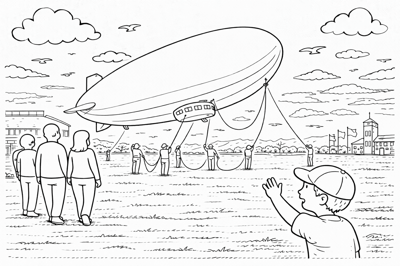 Deutschland: Zeppelin über Friedrichshafen im Blick - Ausmalbild