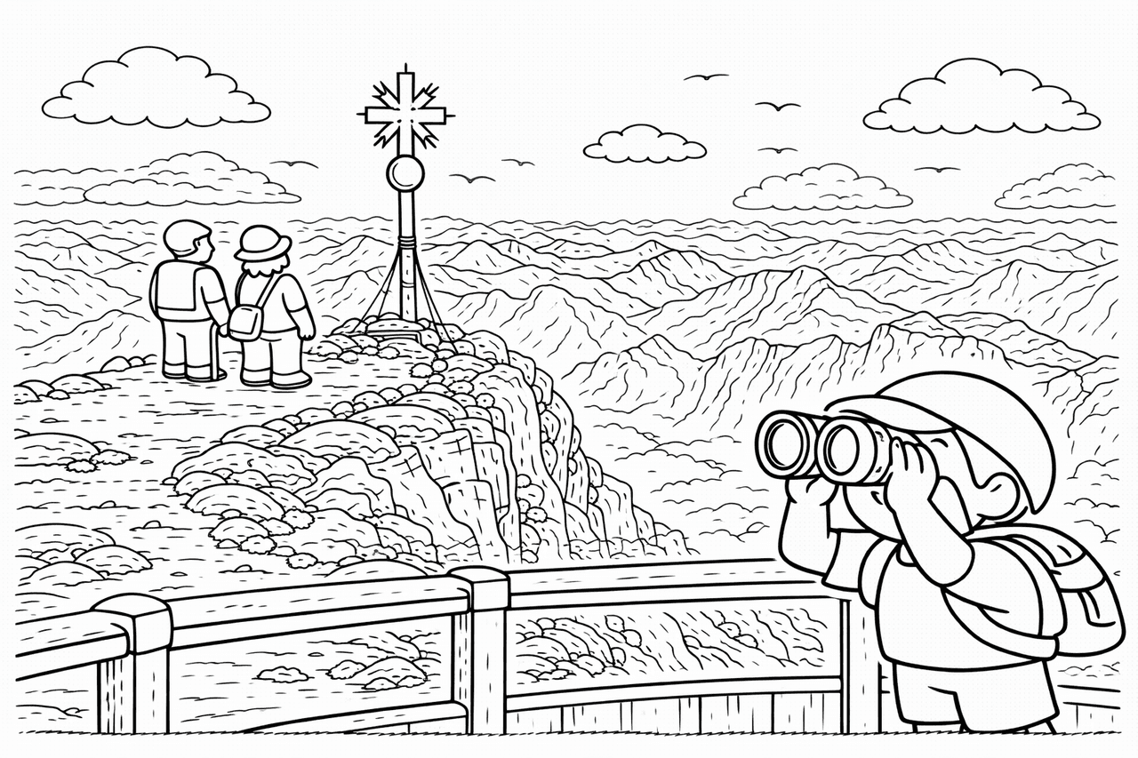 Deutschland: Zugspitze Gipfelblick im Kinderstil - Ausmalbild