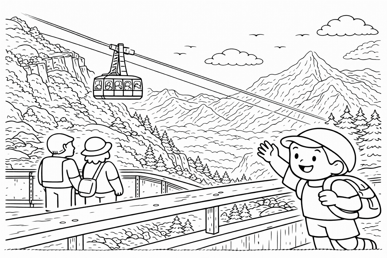 Deutschland: Zugspitze und Seilbahn bei Tageslicht - Ausmalbild