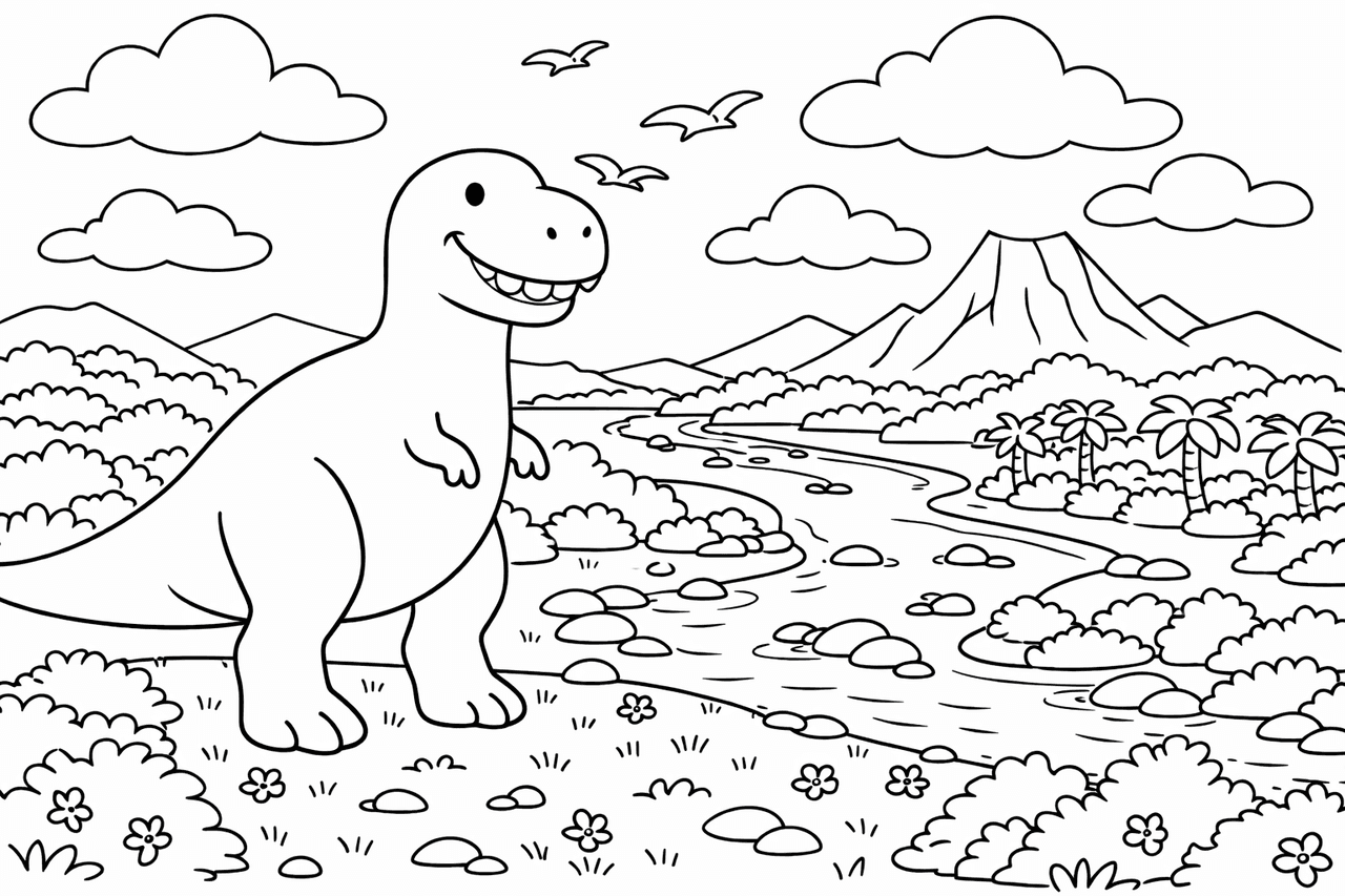 Freundlicher T-Rex in der Prärie - Ausmalbild