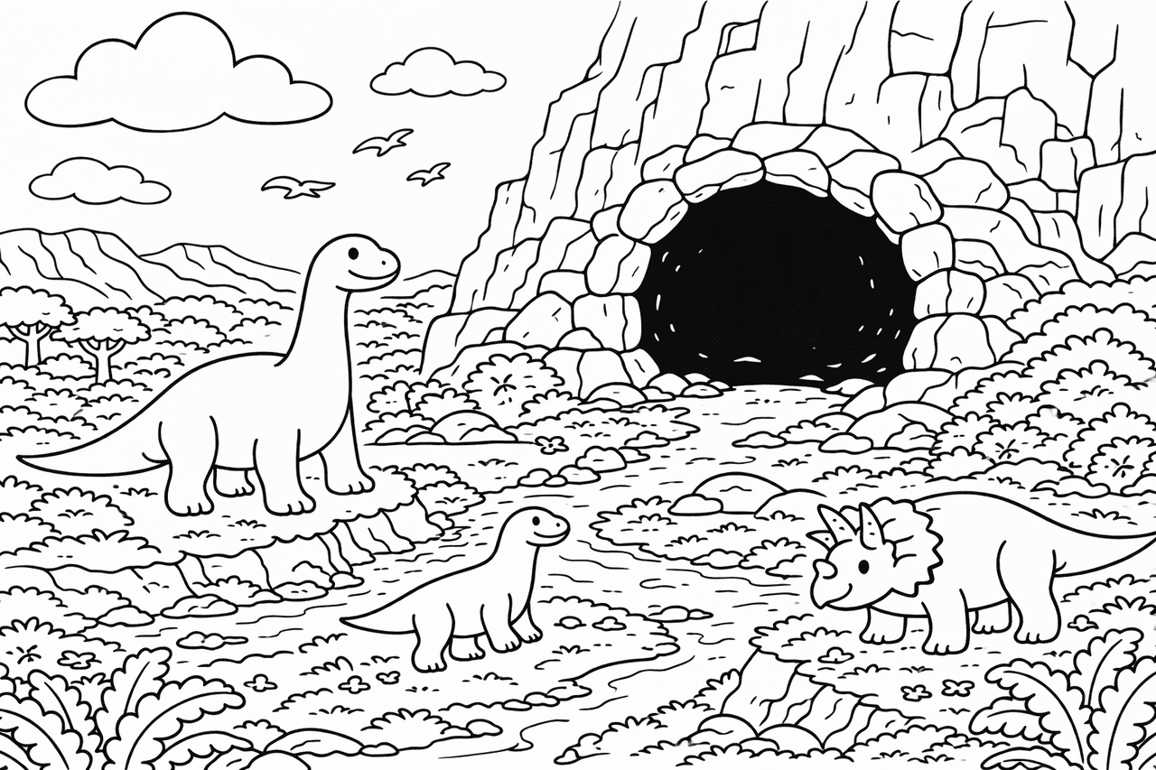 Dinosaurier vor der Höhle - Ausmalbild