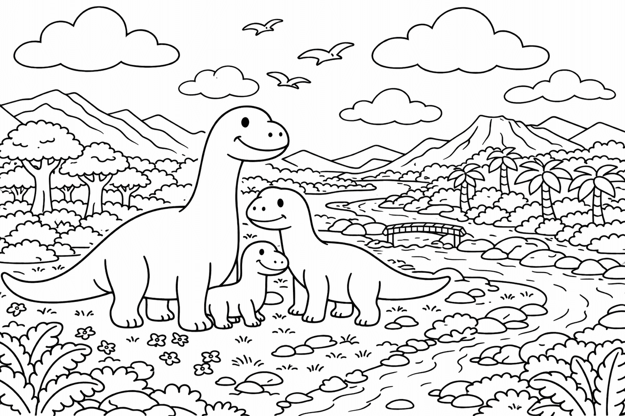 Dinosaurenfamilie im Tal - Ausmalbild