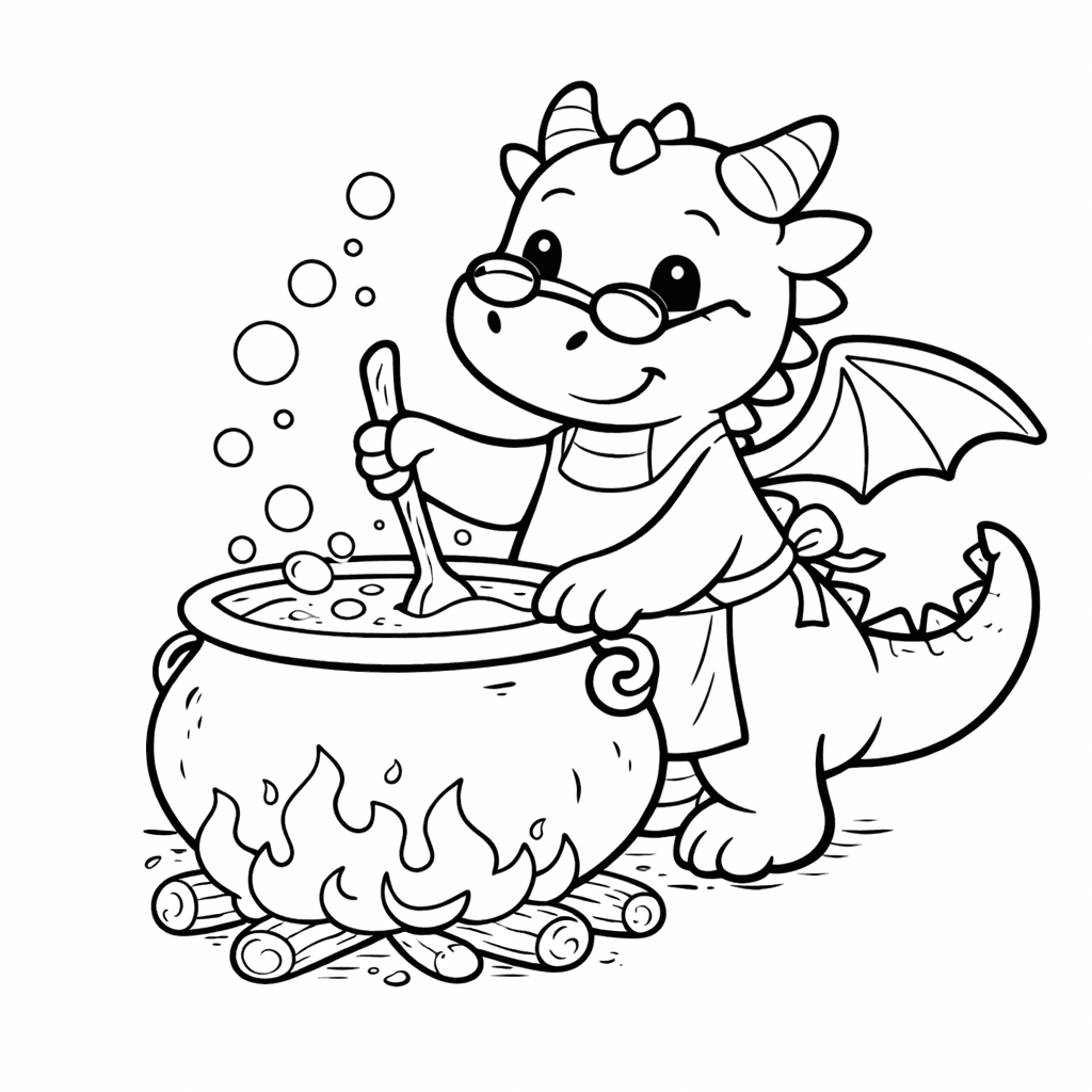 Drache Kocht Suppe Im Kessel - Ausmalbild