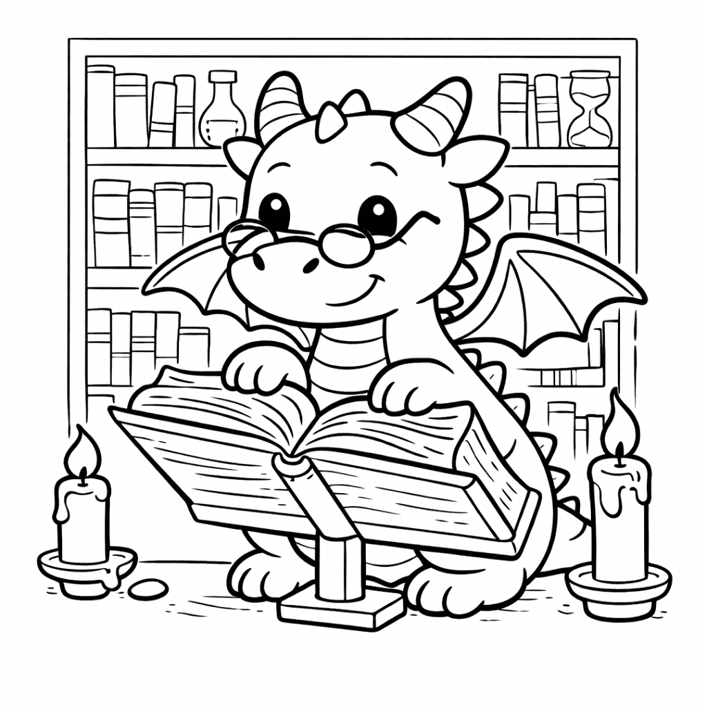 Ein Drache Liest In Der Bibliothek - Ausmalbild
