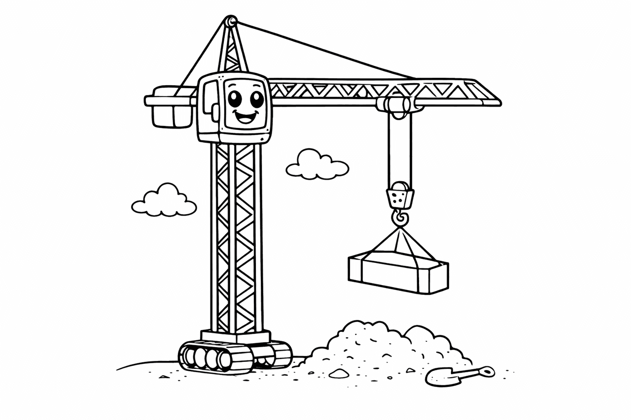 Ein freundlicher Kran hebt einen Block - Ausmalbild