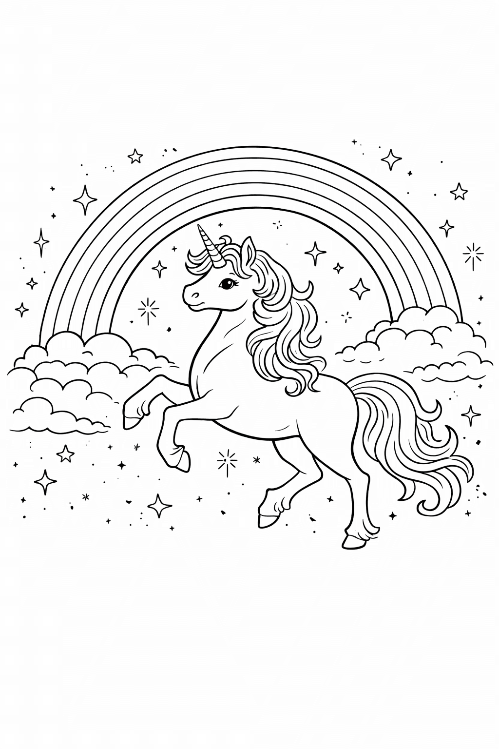 Einhorn unter Regenbogen - Ausmalbild