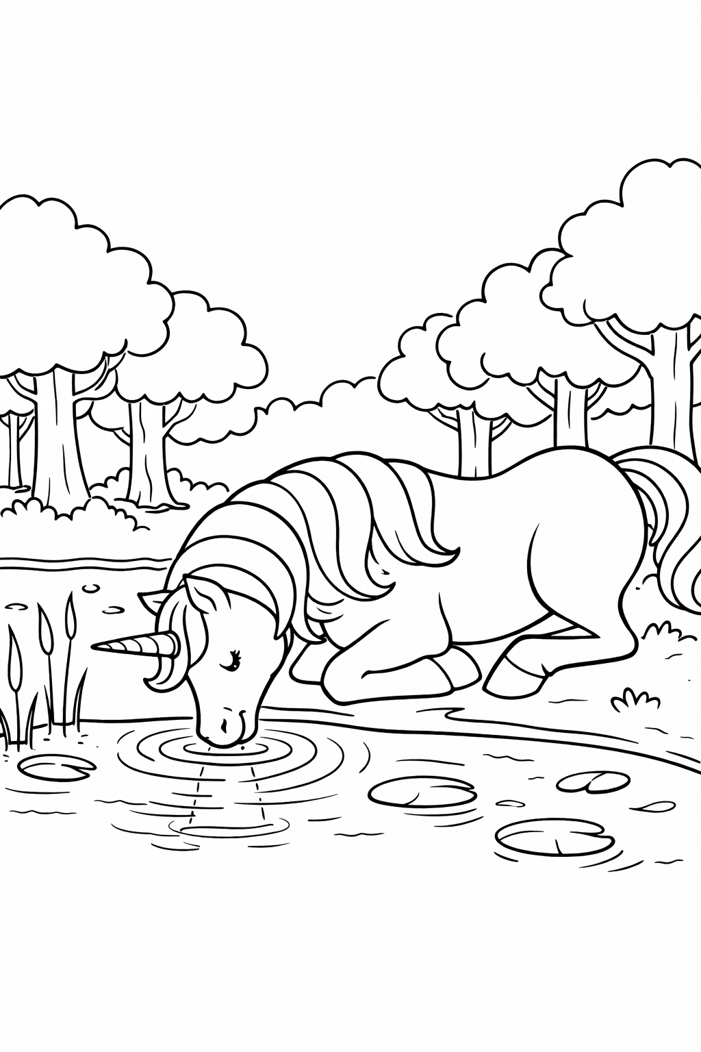 Einhorn Am Teich Im Wald - Ausmalbild