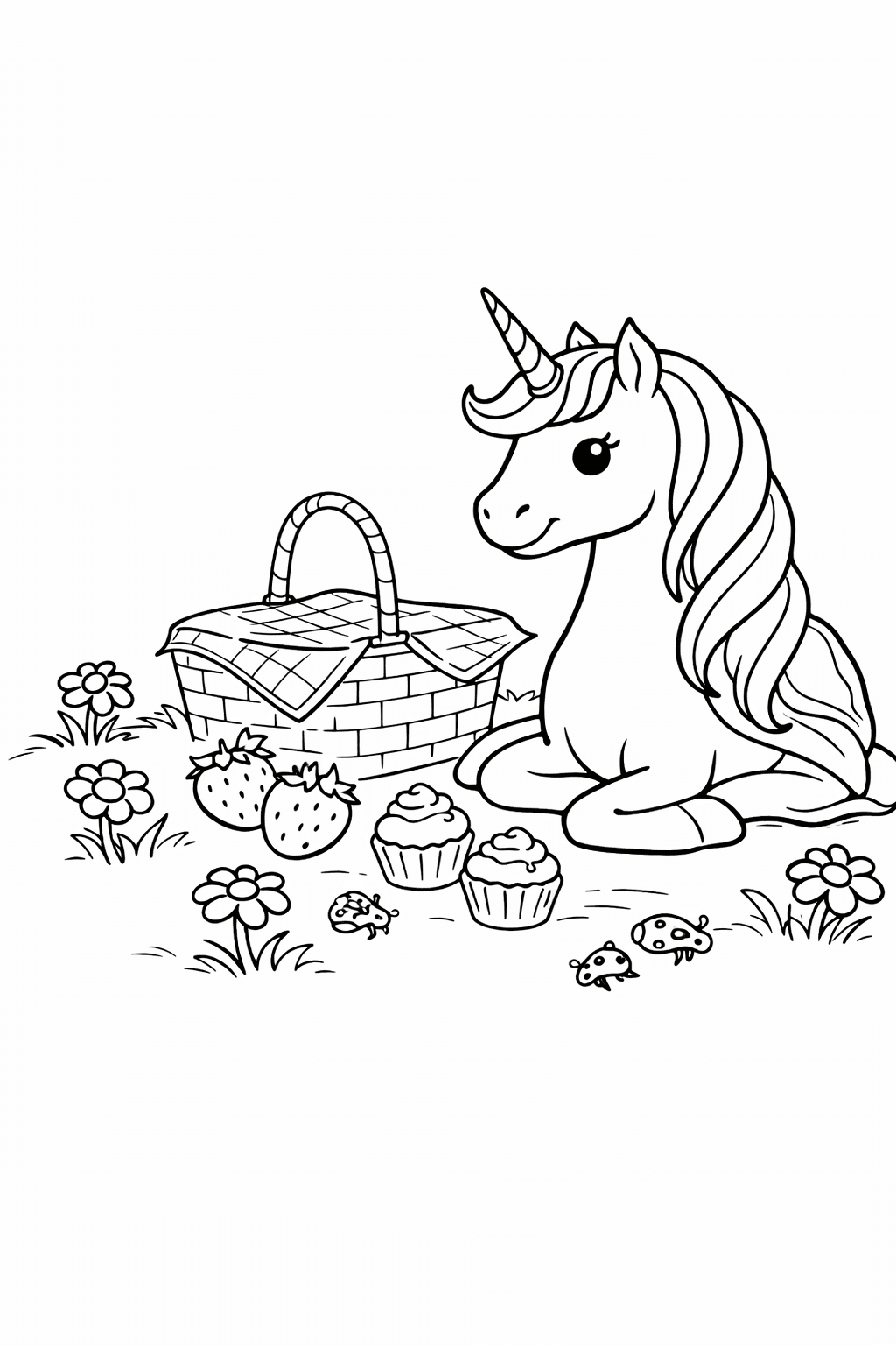 Einhorn Im Picknickparadies - Ausmalbild