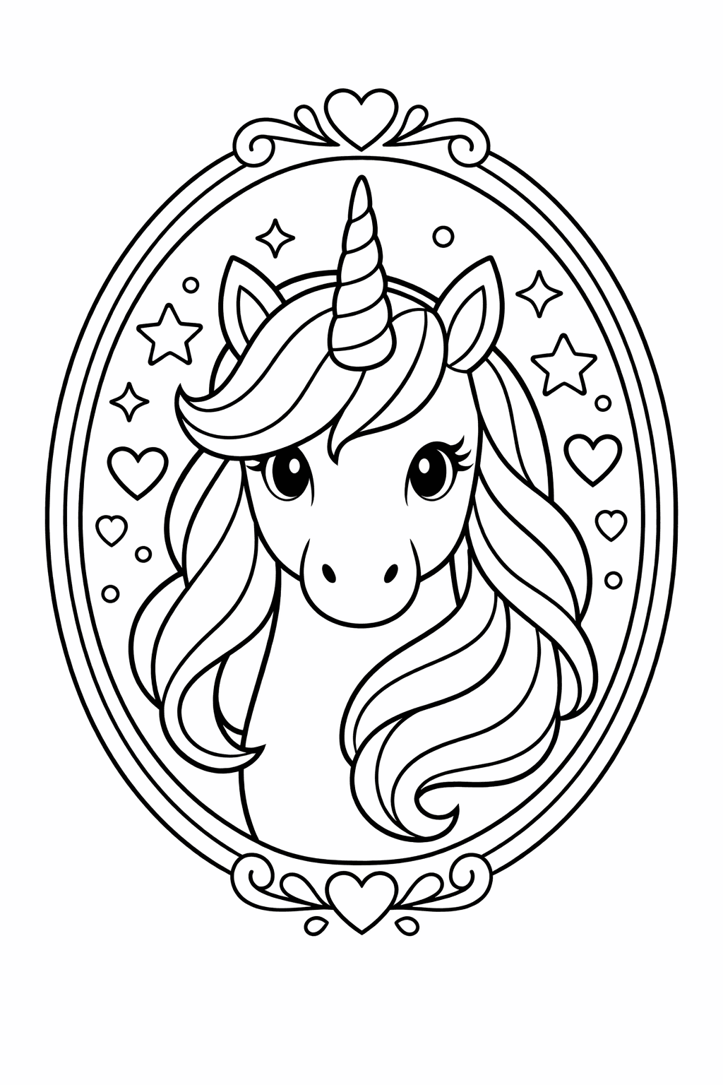 Einhorn Im Verzierten Ovalrahmen - Ausmalbild