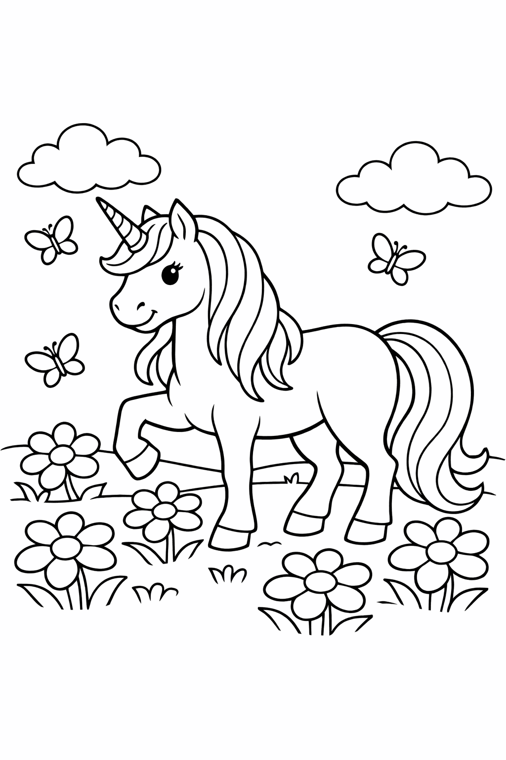 Einhorn In Einer Blumenwiese - Ausmalbild