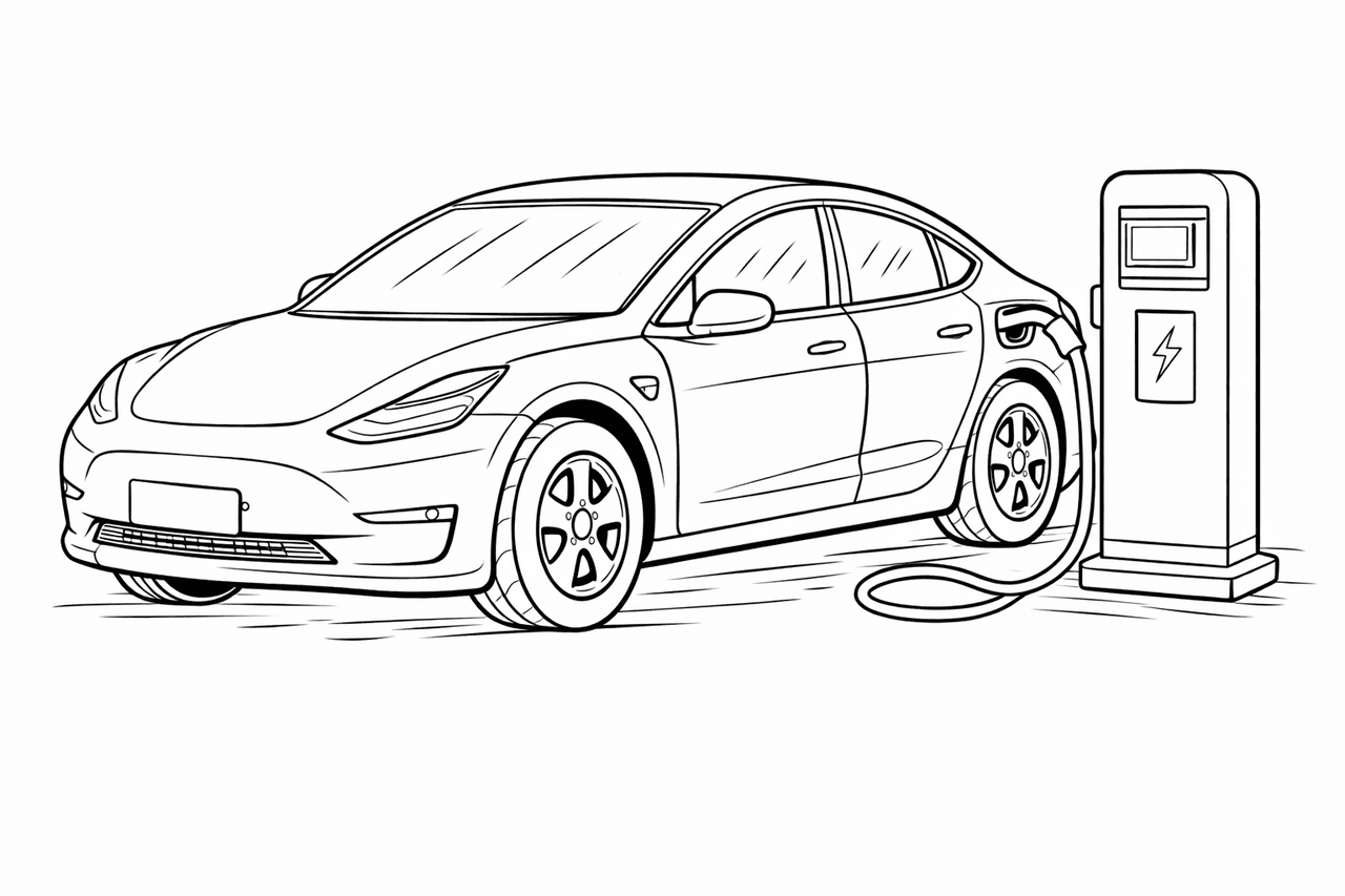 Elektroauto an Ladestation - Ausmalbild