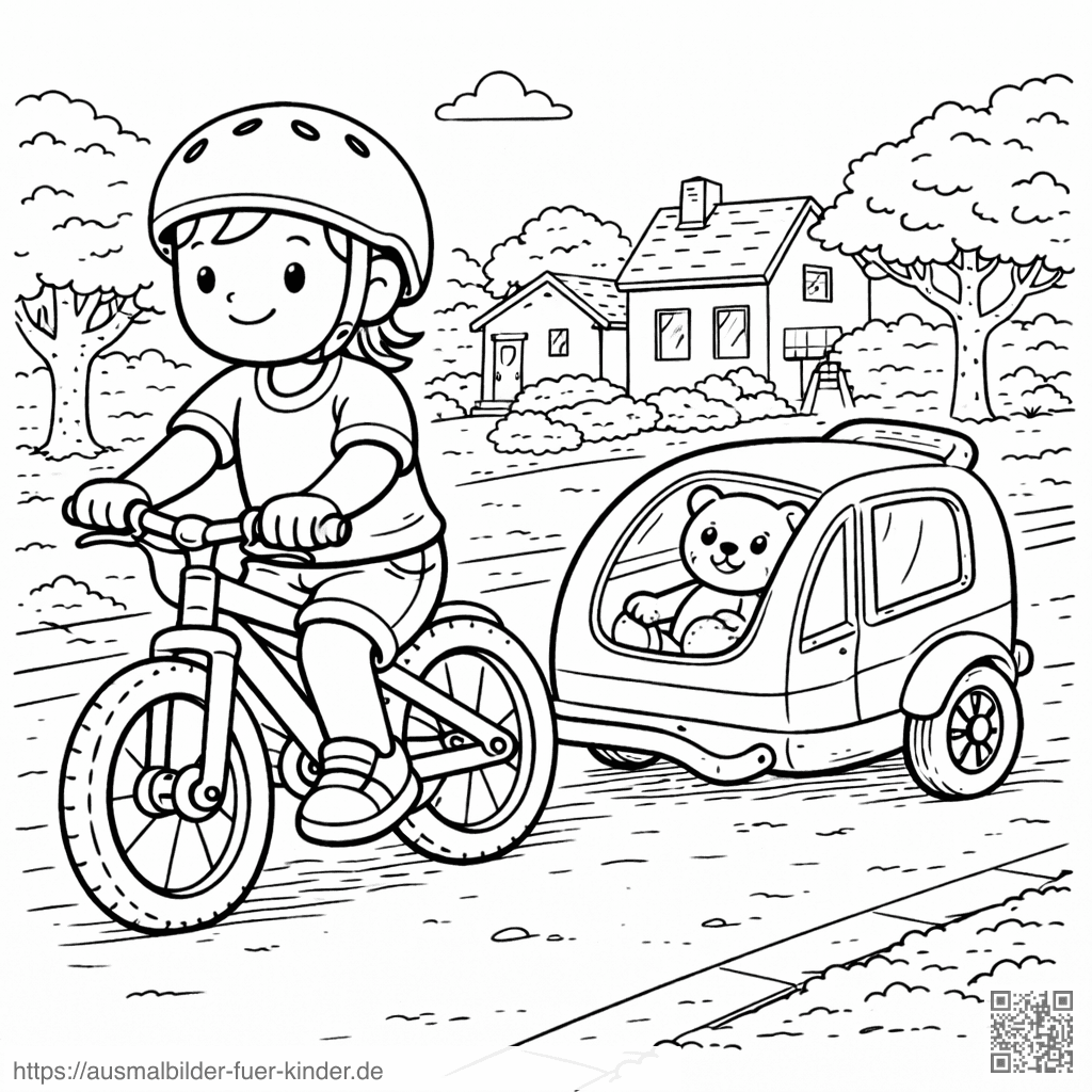 Kind mit Teddy im Fahrradanhänger - Ausmalbild Kind mit Teddy im Fahrradanhänger - Ausmalbild